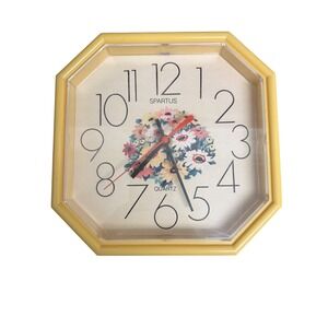 Vintage Spartus Octagon Wall Clock Yellow Floral Quartz Model 5416 Made in USA